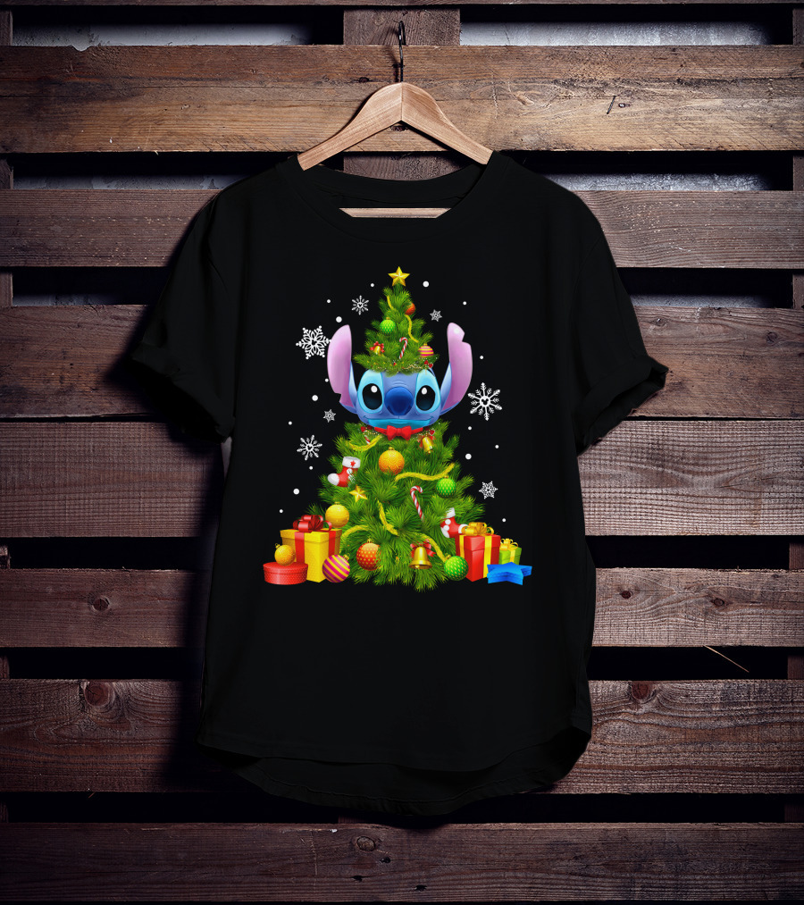 Stitch Christmas Tree With Gifts And Snowflakes T-Shirt
