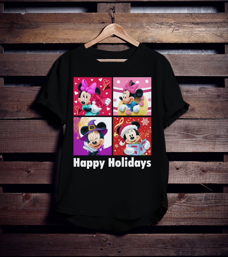 Minnie Happy Holidays With Hearts Bows Witch Hat Santa Hat And Gifts T-Shirt