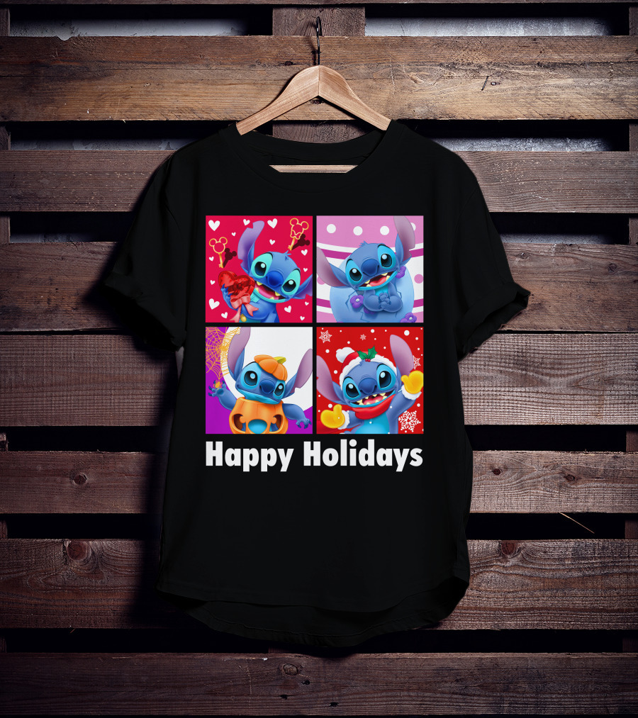 Happy Holidays Stitch Seasonal Mickey Hearts Christmas Pumpkin T-Shirt