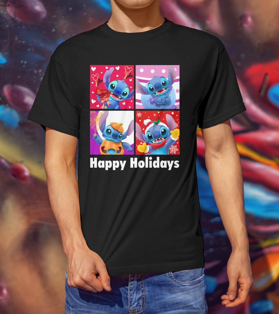 Happy Holidays Stitch Seasonal Mickey Hearts Christmas Pumpkin T-Shirt