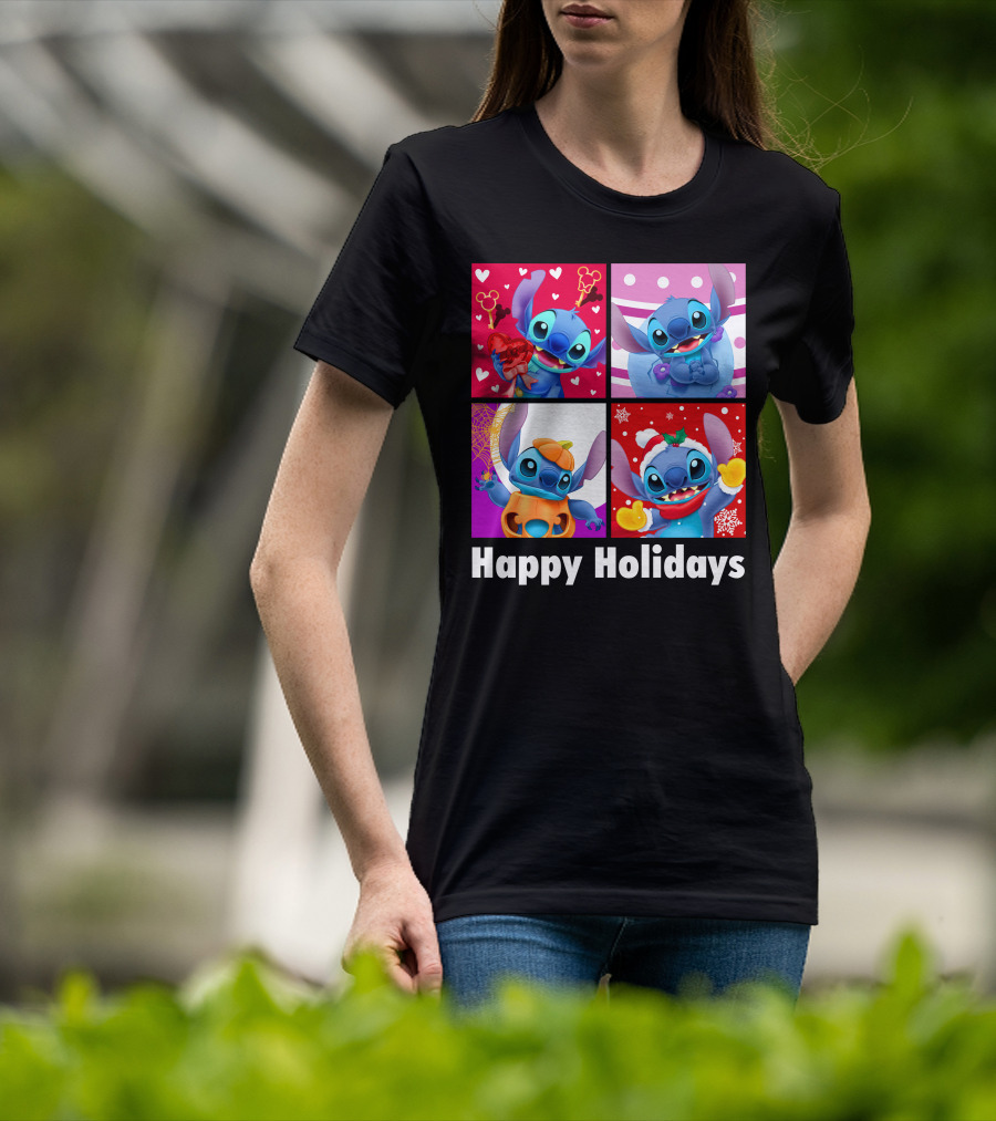 Happy Holidays Stitch Seasonal Mickey Hearts Christmas Pumpkin T-Shirt