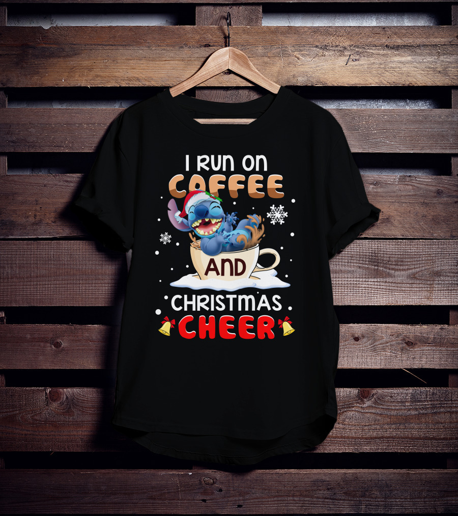 I Run On Coffee And Christmas Cheer Stitch Santa Hat Snowflakes Holiday T-Shirt