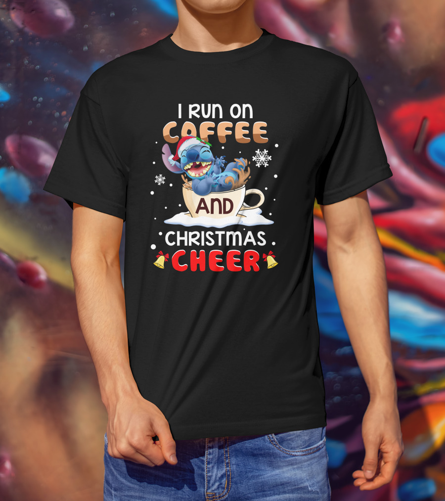 I Run On Coffee And Christmas Cheer Stitch Santa Hat Snowflakes Holiday T-Shirt