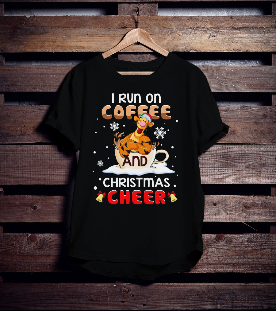 I Run On Coffee And Christmas Cheer Tigger Holiday Santa Hat Snowflakes Bells T-Shirt