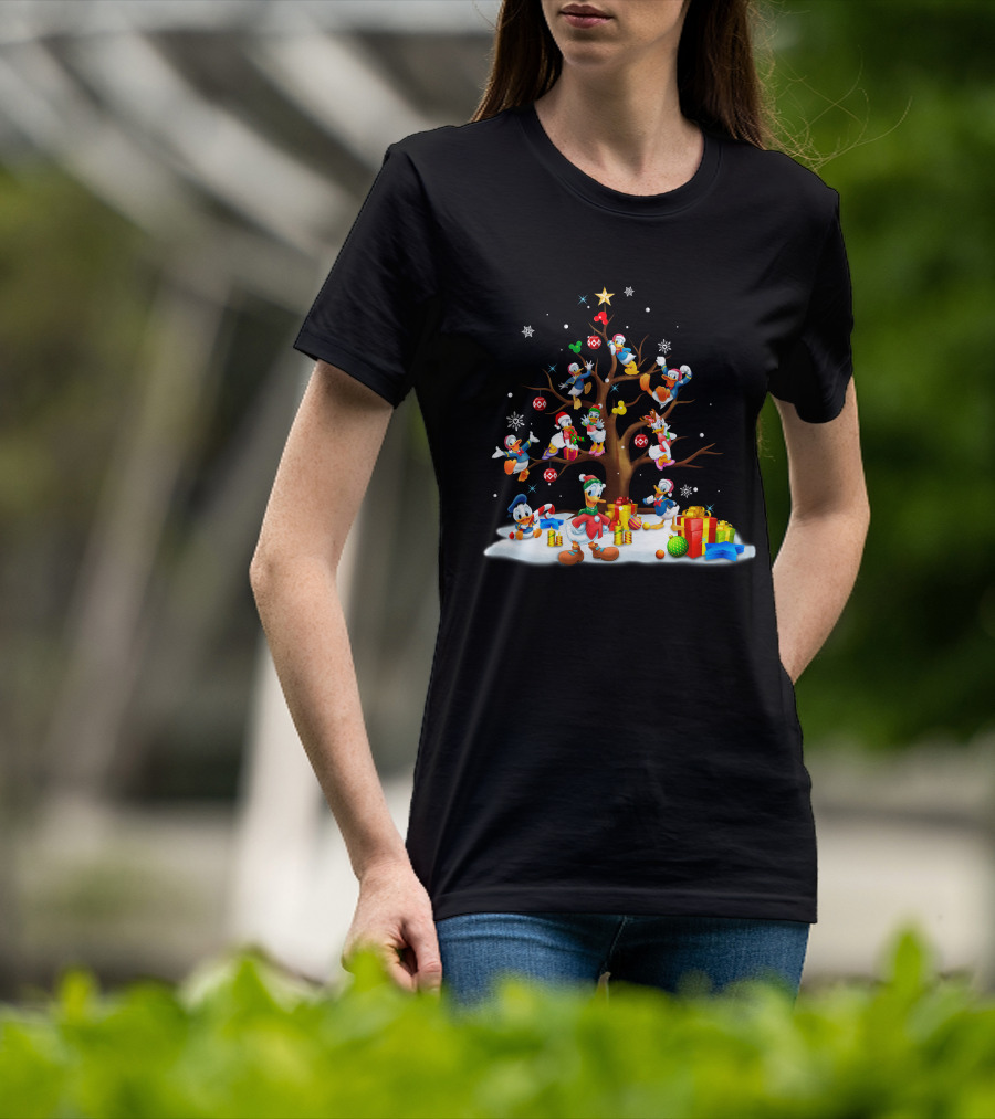 Donald Daisy Christmas Tree With Disney Characters And Snowflakes T-Shirt