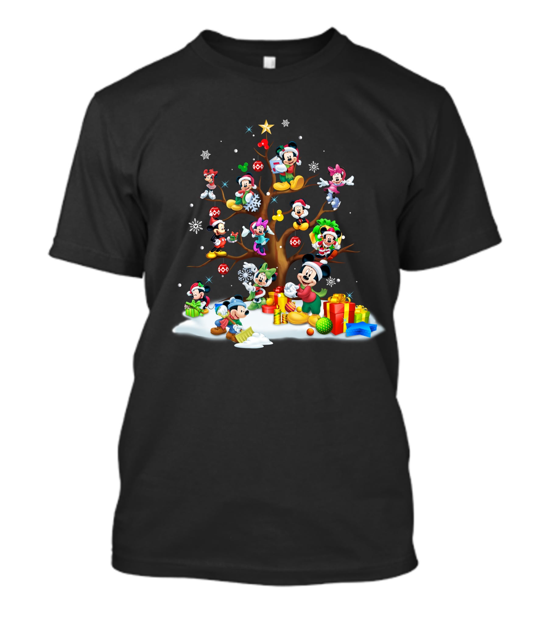 Mickey Minnie Christmas Holiday Tree With Gifts And Snowflakes T-Shirt