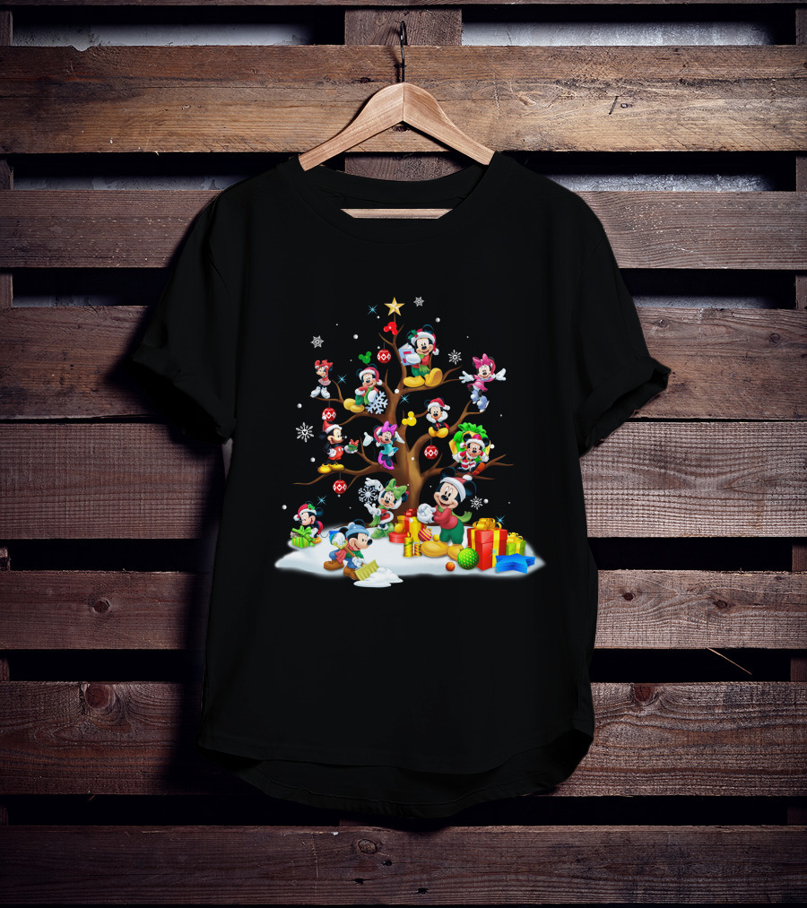 Mickey Minnie Christmas Holiday Tree With Gifts And Snowflakes T-Shirt