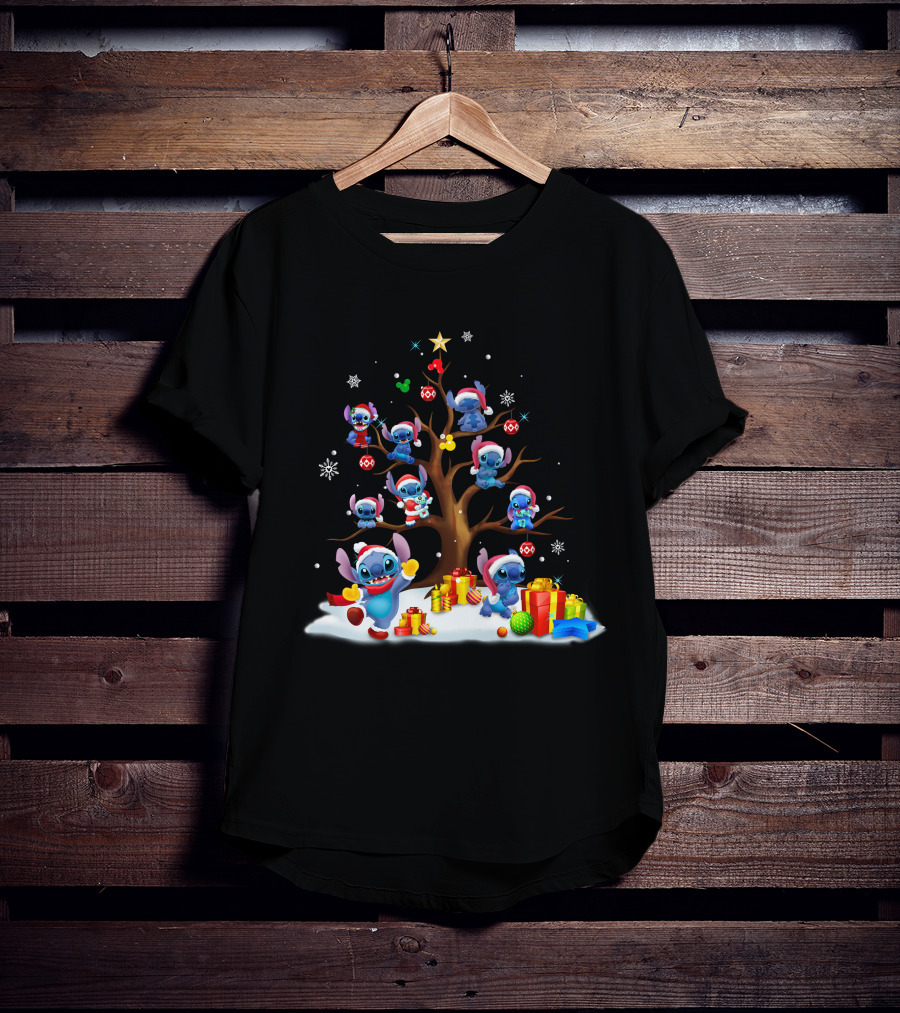 Stitch Christmas Tree With Santa Hats And Gifts T-Shirt