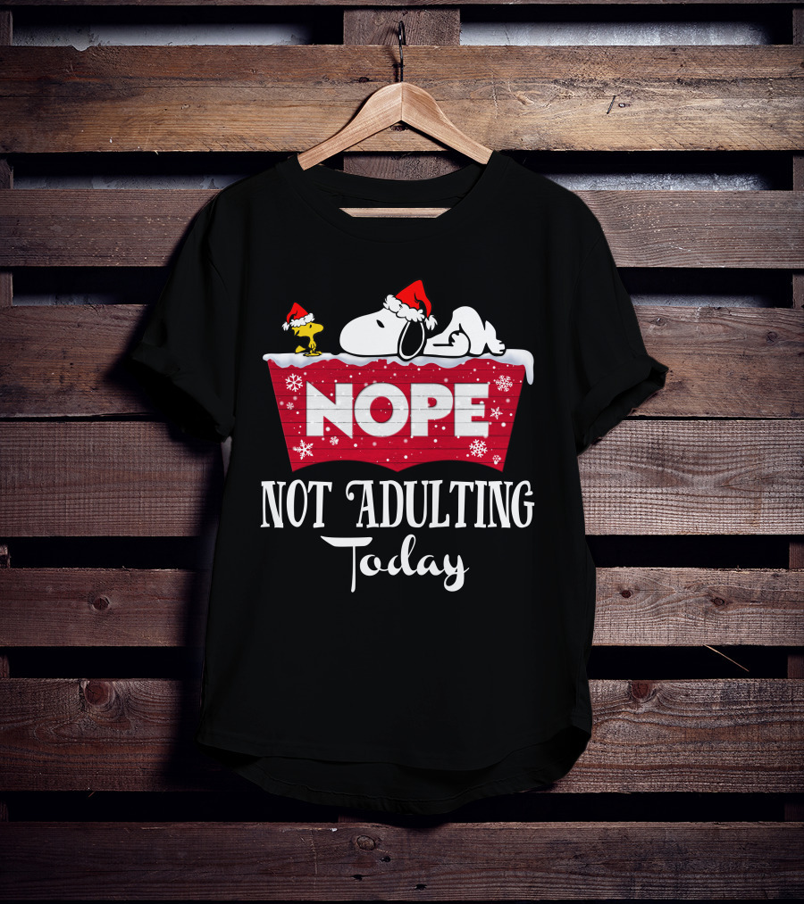 Snoopy Nope Not Adulting Today Christmas Santa Hat Snowflakes T-Shirt