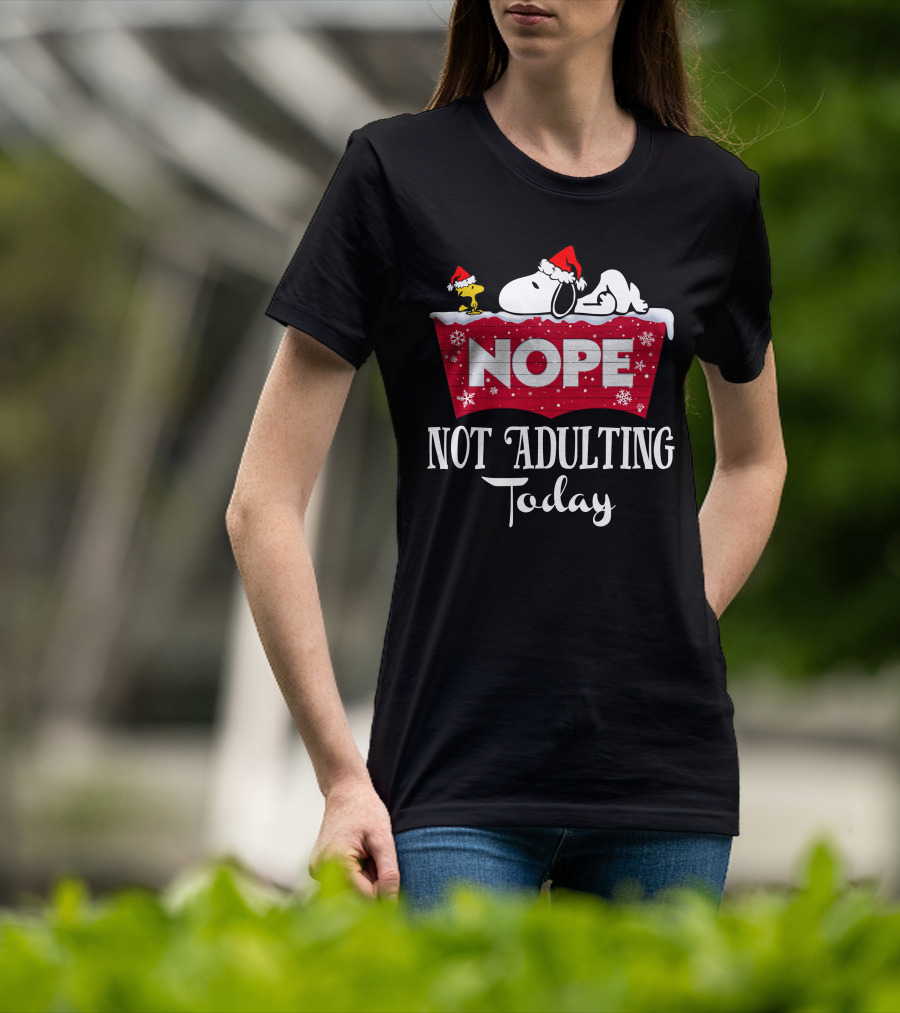 Snoopy Nope Not Adulting Today Christmas Santa Hat Snowflakes T-Shirt