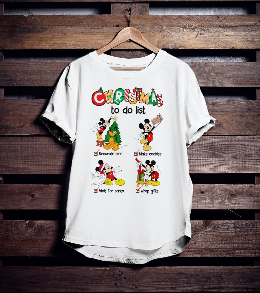 Christmas To Do List Mickey Decorate Tree Make Cookies Wait For Santa Wrap Gifts T-Shirt