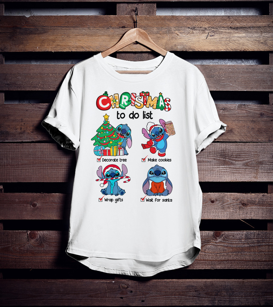 Christmas To Do List Decorate Tree Make Cookies Wrap Gifts Wait For Santa Stitch T-Shirt