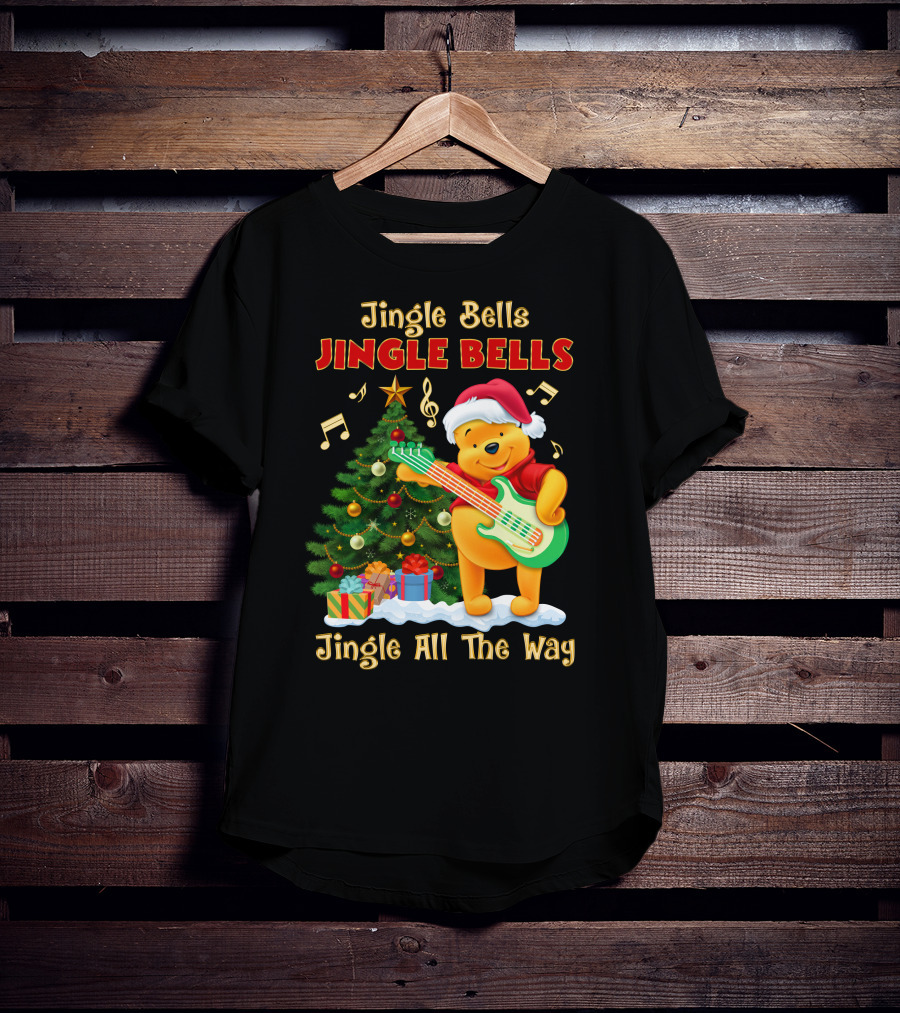 Jingle Bells Jingle Bells Jingle All The Way Christmas Tree Music Notes Pooh Santa Hat Guitar T-Shirt
