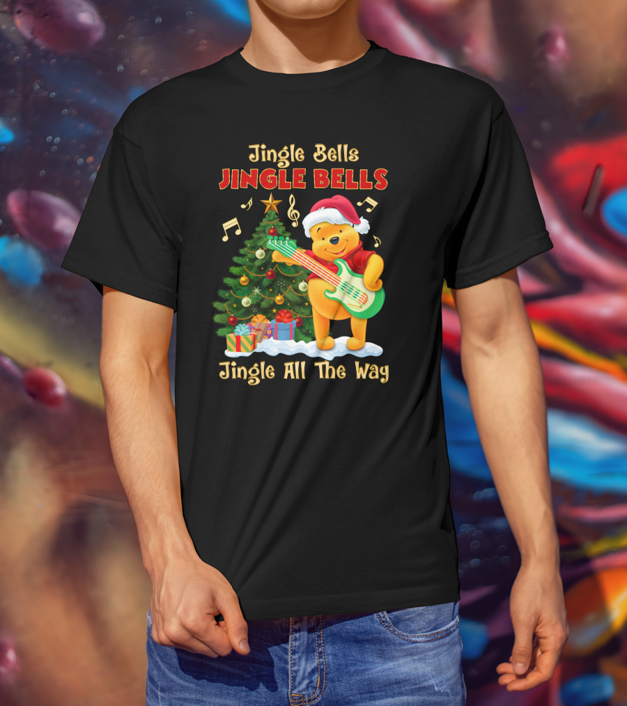 Jingle Bells Jingle Bells Jingle All The Way Christmas Tree Music Notes Pooh Santa Hat Guitar T-Shirt