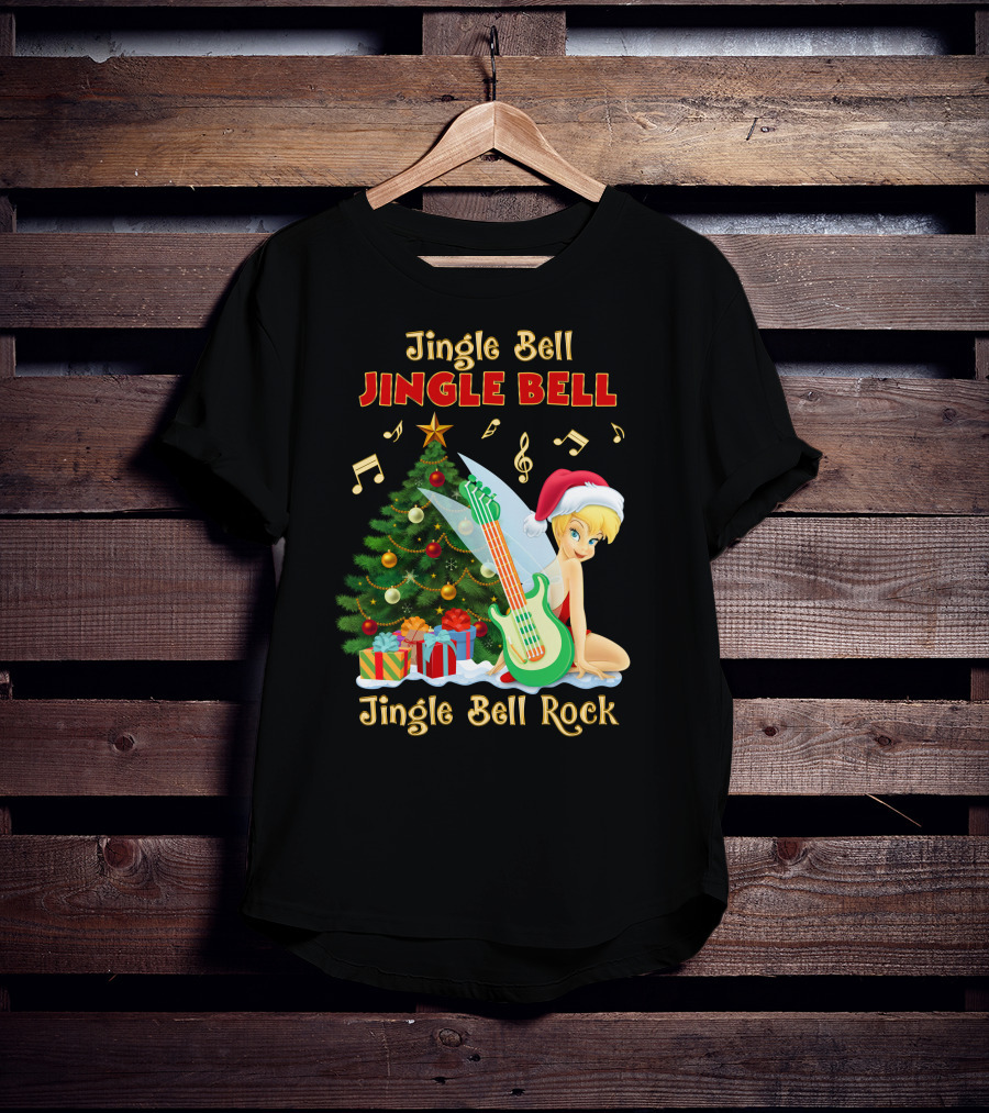 Jingle Bell Jingle Bell Jingle Bell Rock Christmas Tinkerbell Santa Hat Guitar Tree Music T-Shirt