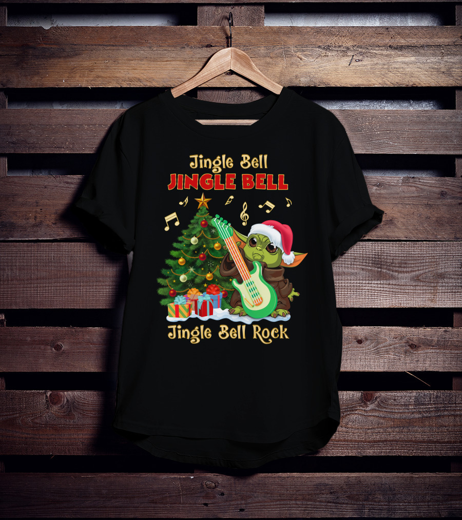 Jingle Bell Jingle Bell Rock Christmas Tree Yoda Santa Hat Guitar Music Notes T-Shirt