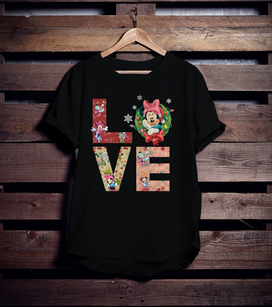 Minnie Mouse Christmas Love Snowflakes Holiday Wreath T-Shirt