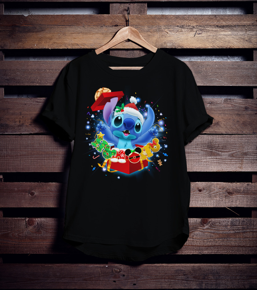 Stitch Christmas Celebration With Santa Hat And Festive Lights T-Shirt