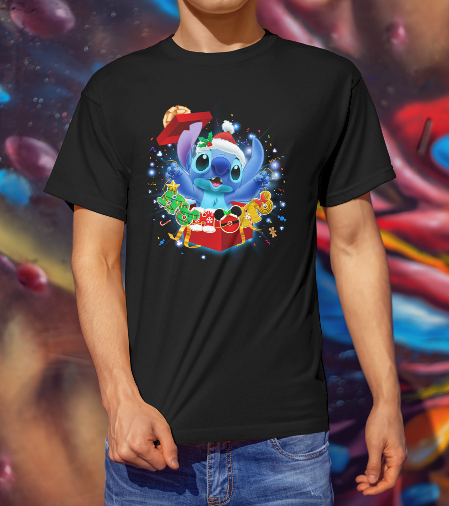 Stitch Christmas Celebration With Santa Hat And Festive Lights T-Shirt