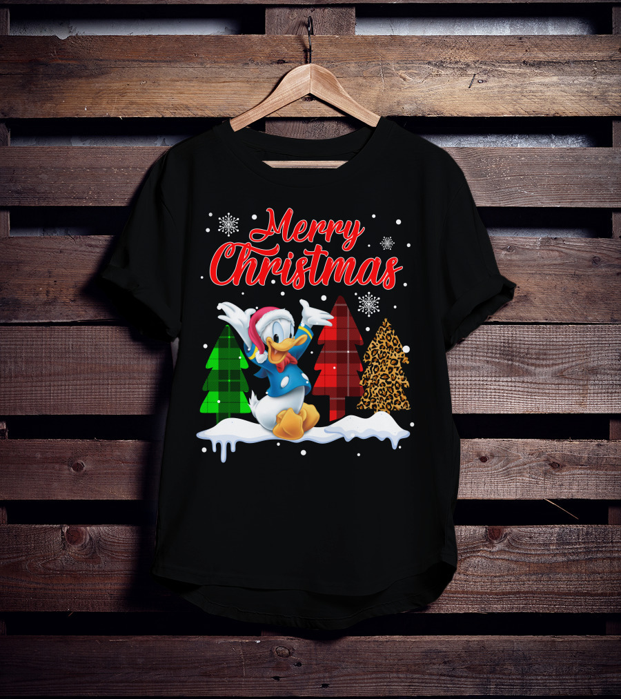 Merry Christmas Donald Duck With Festive Plaid And Leopard Trees T-Shirt