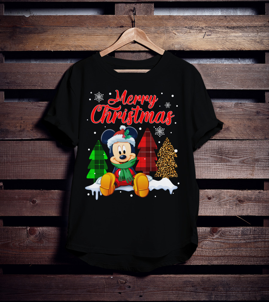 Merry Christmas Mickey Mouse With Plaid And Leopard Trees And Snowflakes T-Shirt