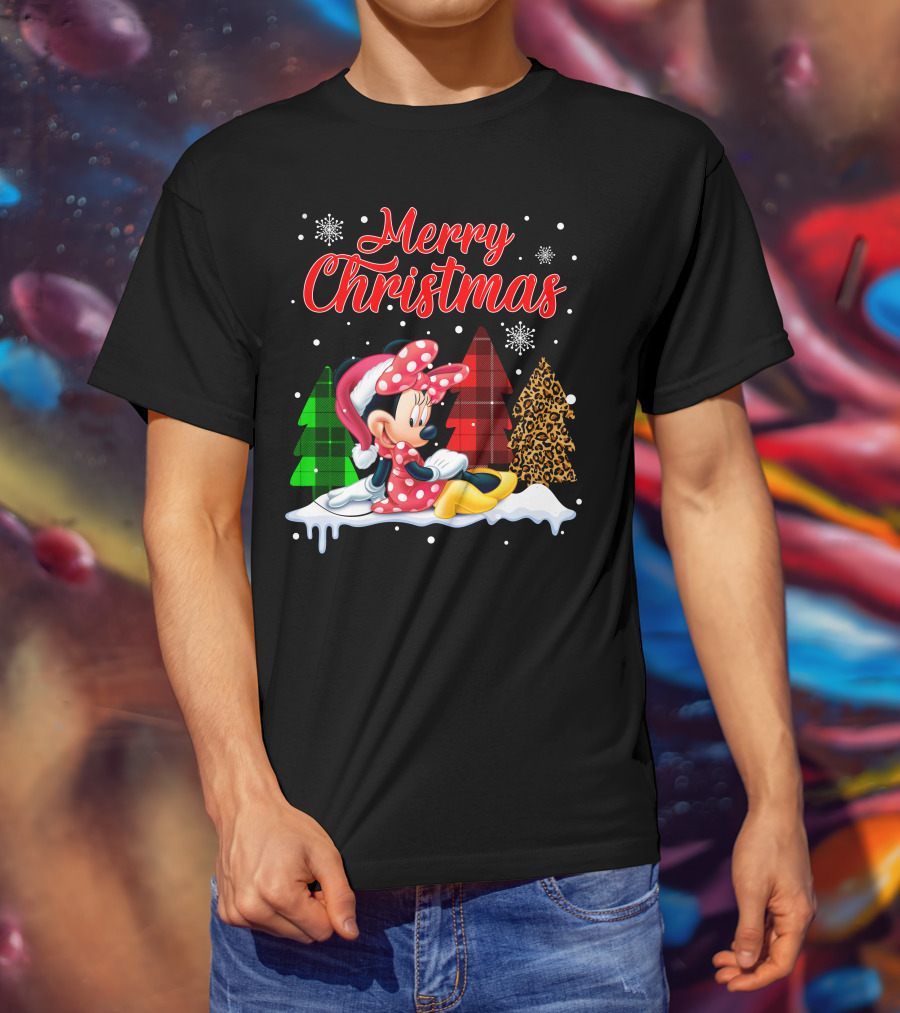 Minnie Merry Christmas Snowflakes Plaid Trees T-Shirt
