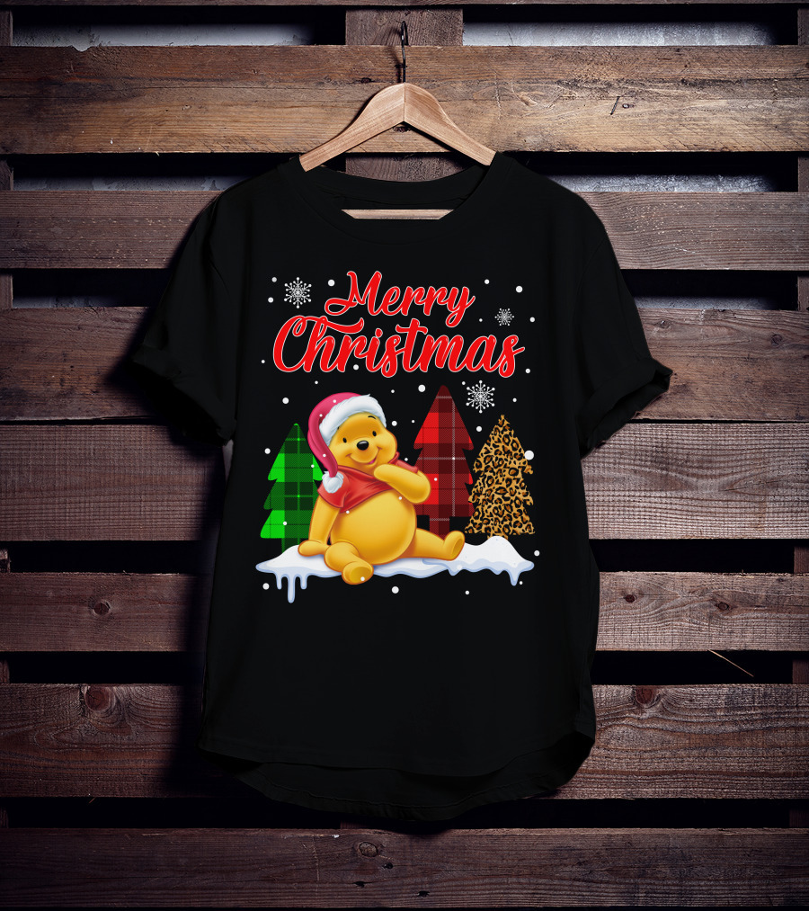 Merry Christmas Pooh Snowflakes Plaid Trees Santa Hat T-Shirt