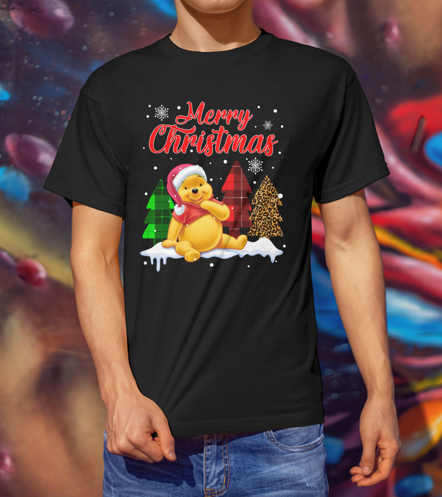 Merry Christmas Pooh Snowflakes Plaid Trees Santa Hat T-Shirt