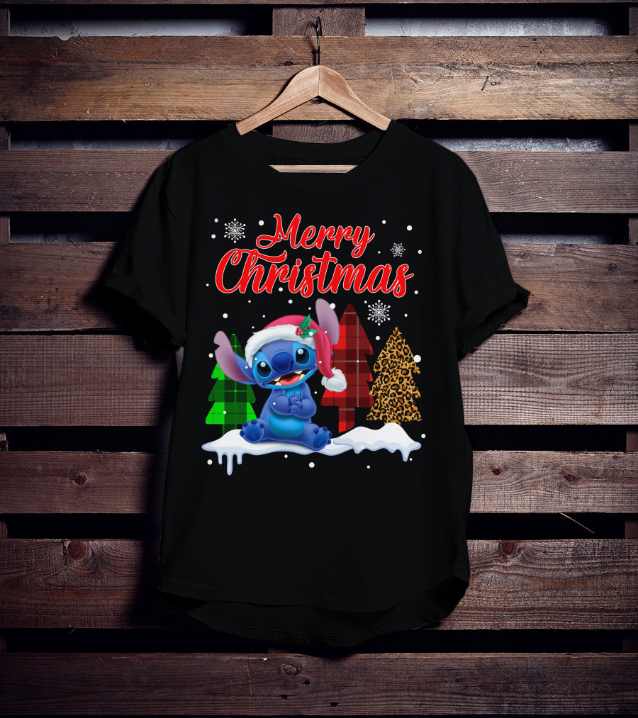 Merry Christmas Stitch Santa Hat Snow Plaid Trees T-Shirt