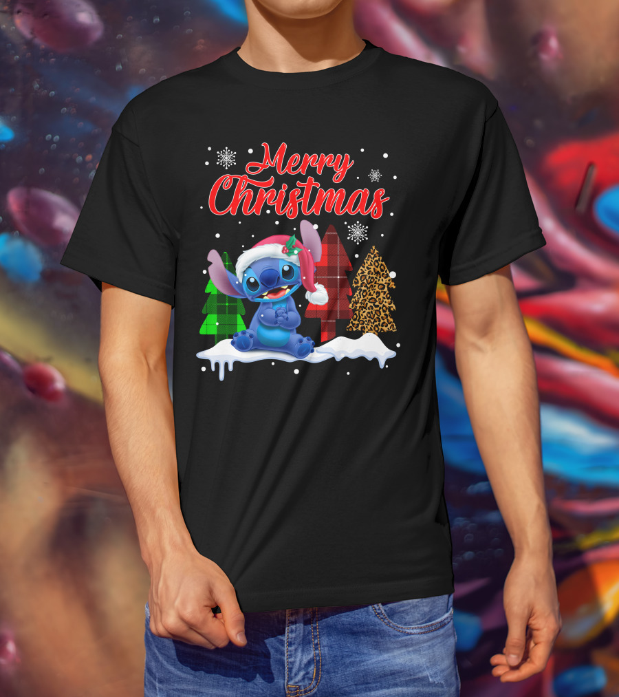 Merry Christmas Stitch Santa Hat Snow Plaid Trees T-Shirt