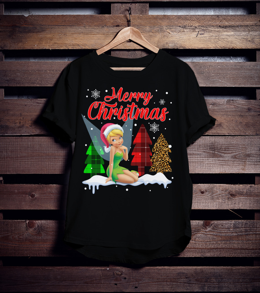Merry Christmas Tinkerbell Santa Hat Plaid And Leopard Trees Snowflakes T-Shirt