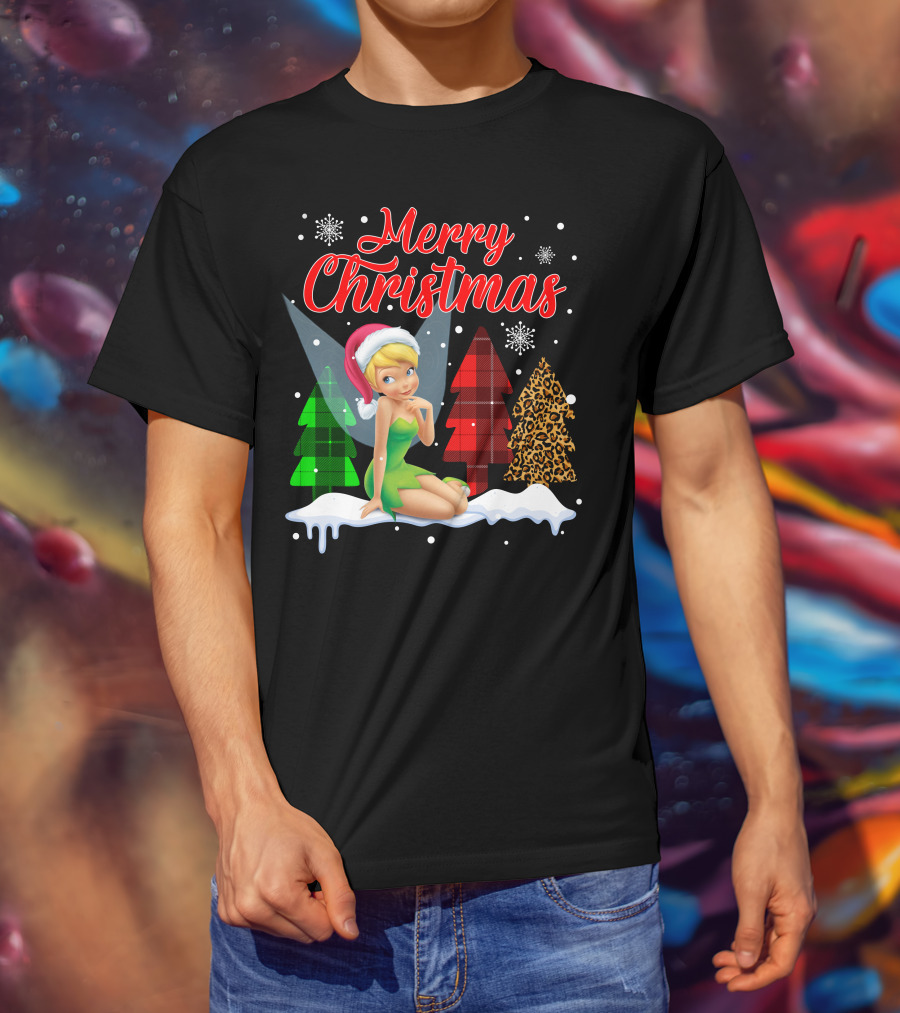 Merry Christmas Tinkerbell Santa Hat Plaid And Leopard Trees Snowflakes T-Shirt