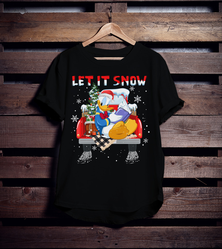 Let It Snow Donald Santa Hat Reading Winter Snowflakes Christmas Tree Red Truck T-Shirt