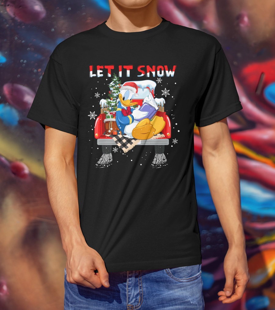 Let It Snow Donald Santa Hat Reading Winter Snowflakes Christmas Tree Red Truck T-Shirt