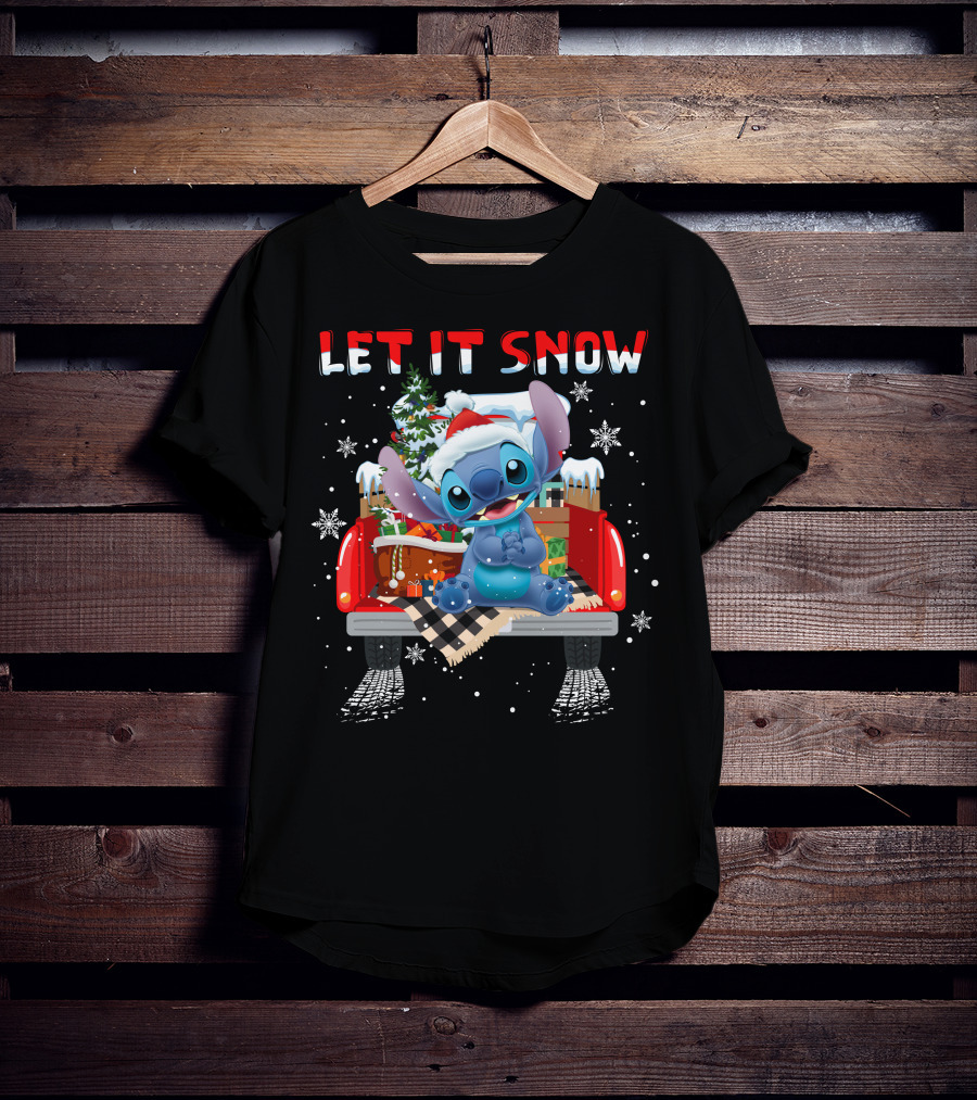 Let It Snow Stitch Christmas Santa Truck Snowflakes T-Shirt