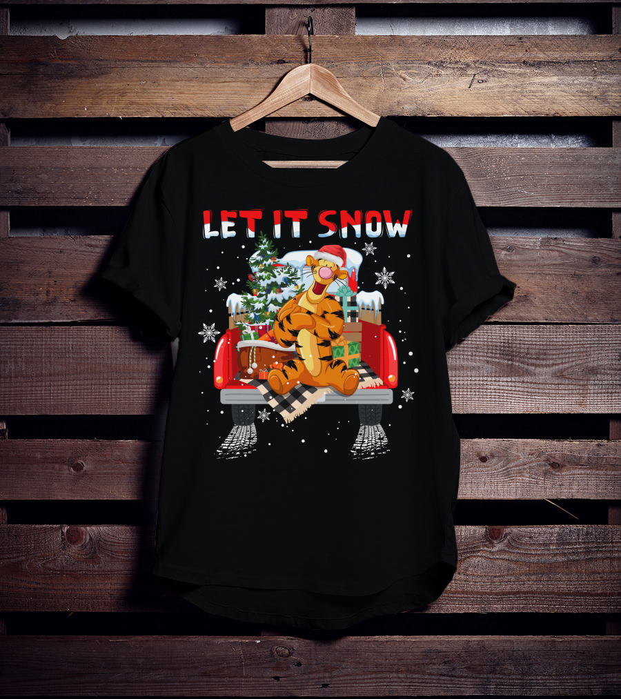 Tigger Let It Snow Christmas Tree And Presents In Snowy Red Truck T-Shirt