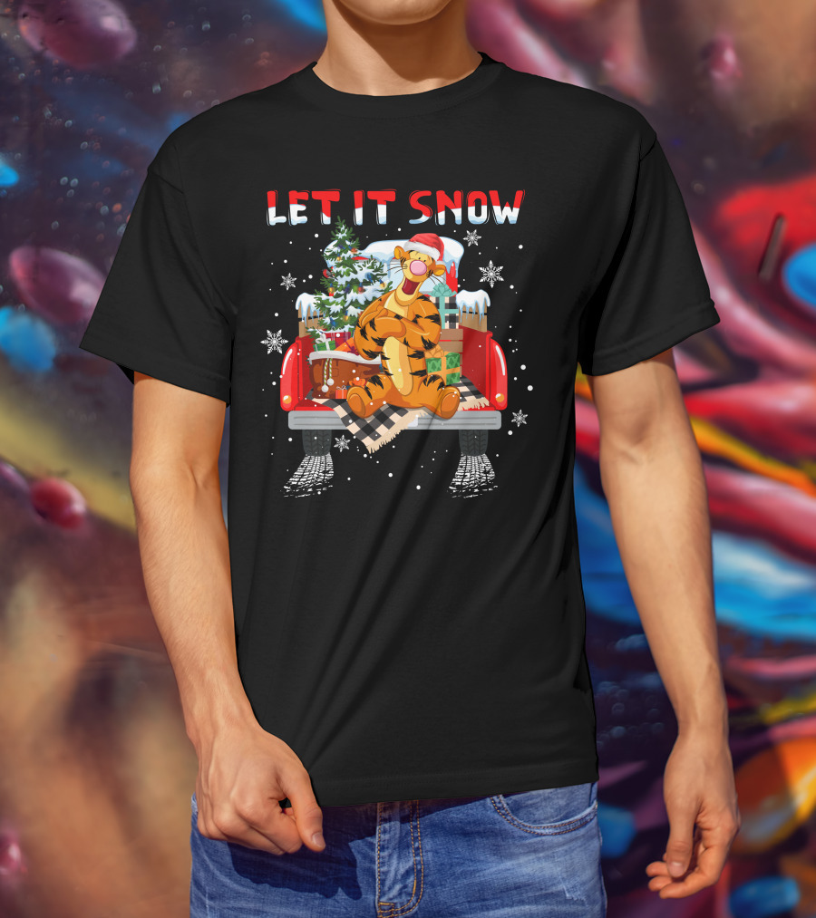 Tigger Let It Snow Christmas Tree And Presents In Snowy Red Truck T-Shirt