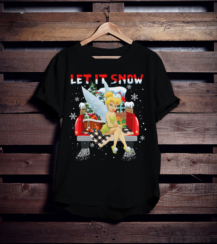 Let It Snow Tinkerbell Sitting On Truck With Gifts And Snowflakes T-Shirt