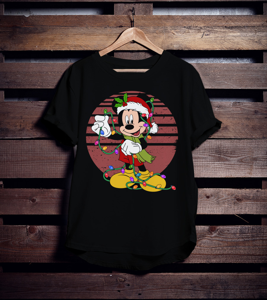 Mickey Mouse Christmas Lights Santa Hat Holiday T-Shirt