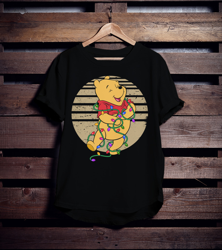 Pooh Wrapped In Christmas Lights And Stripes T-Shirt