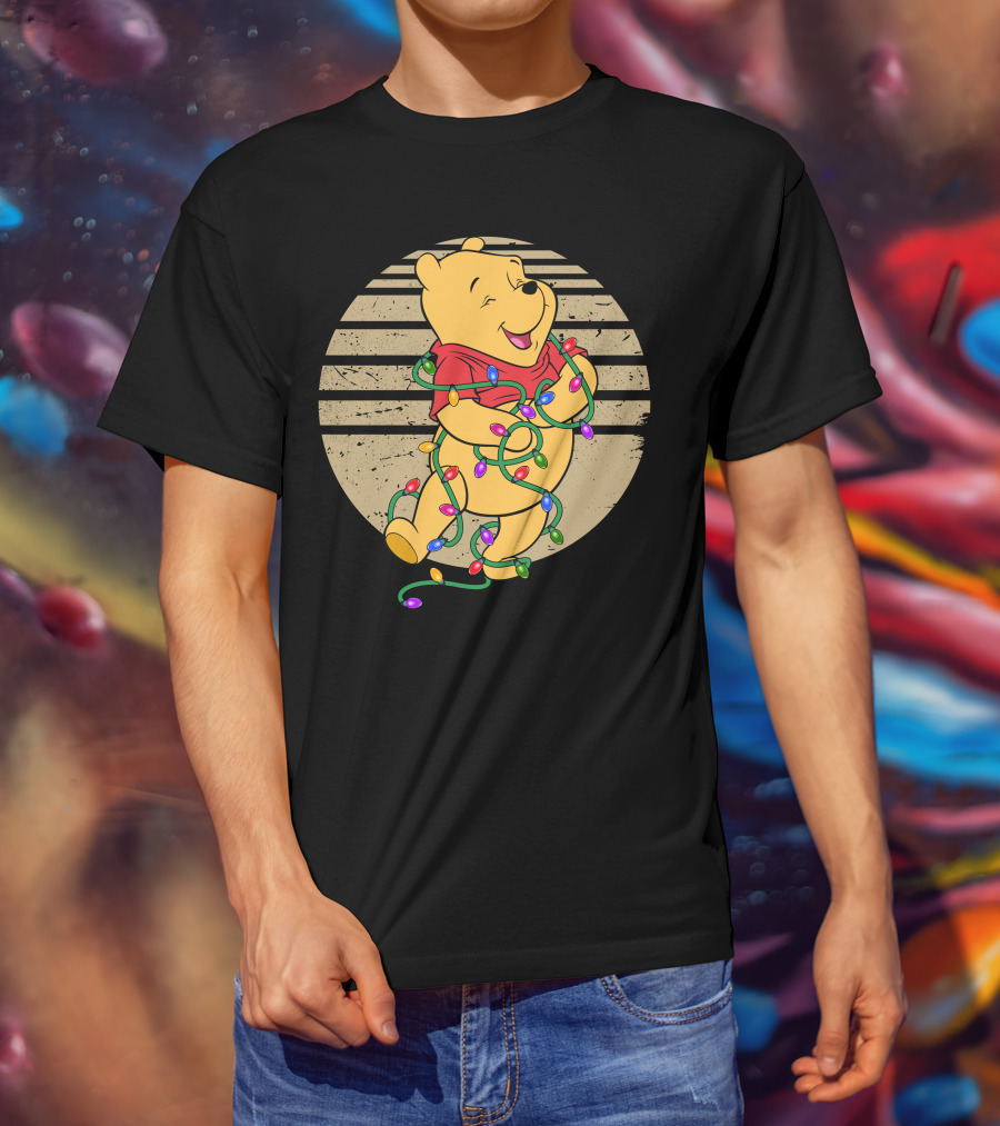 Pooh Wrapped In Christmas Lights And Stripes T-Shirt