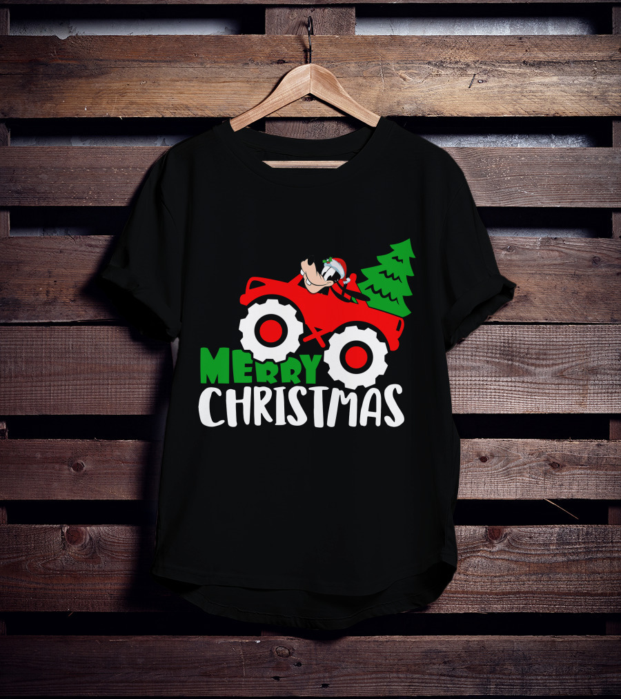 Merry Christmas Goofy In Santa Hat On Red Tractor With Christmas Tree T-Shirt