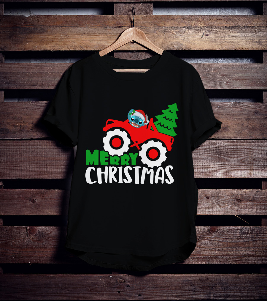 Merry Christmas Stitch Riding Red Truck With Tree T-Shirt
