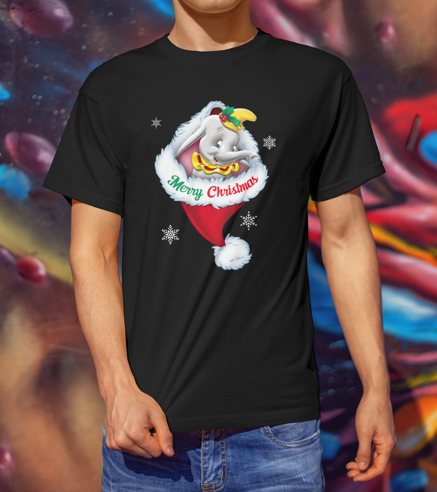 Dumbo Merry Christmas Santa Hat Snowflakes T-Shirt