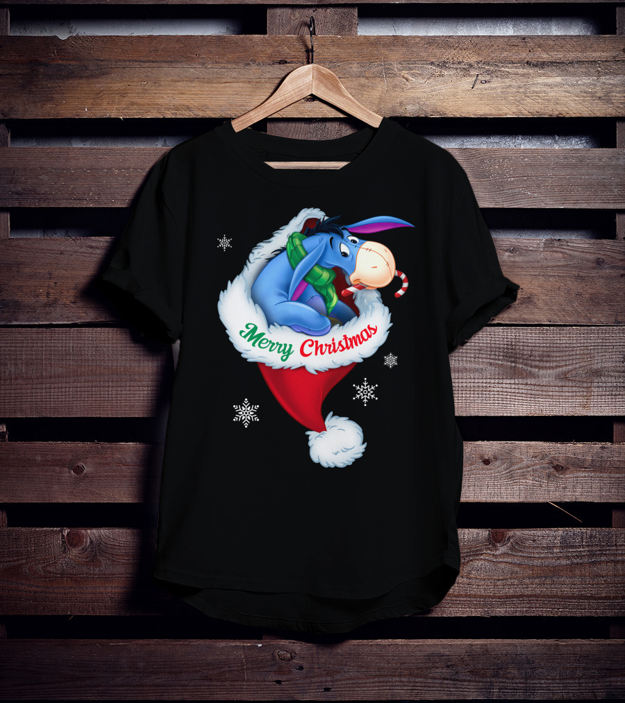 Eeyore Merry Christmas Santa Hat Snowflakes T-Shirt
