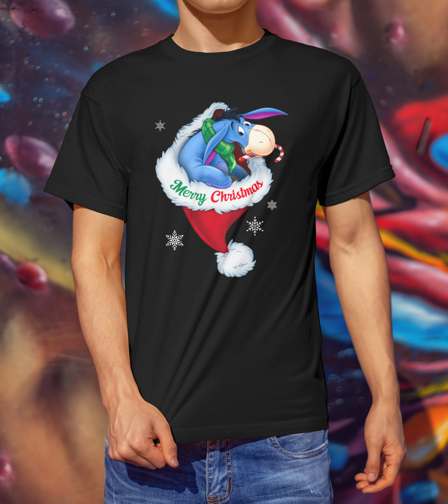 Eeyore Merry Christmas Santa Hat Snowflakes T-Shirt