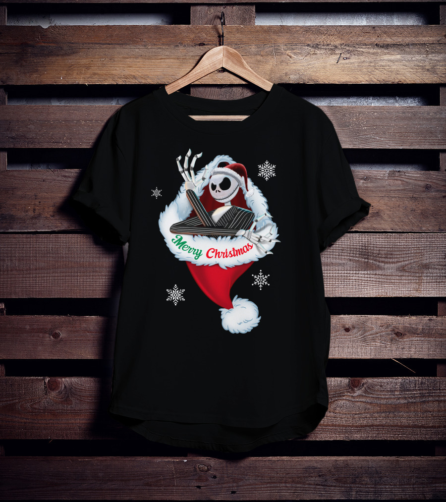Jack Skellington Merry Christmas Santa Hat Snowflakes T-Shirt