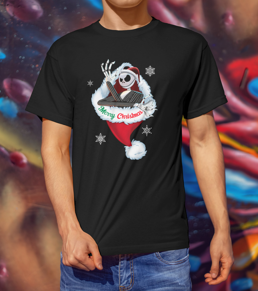 Jack Skellington Merry Christmas Santa Hat Snowflakes T-Shirt