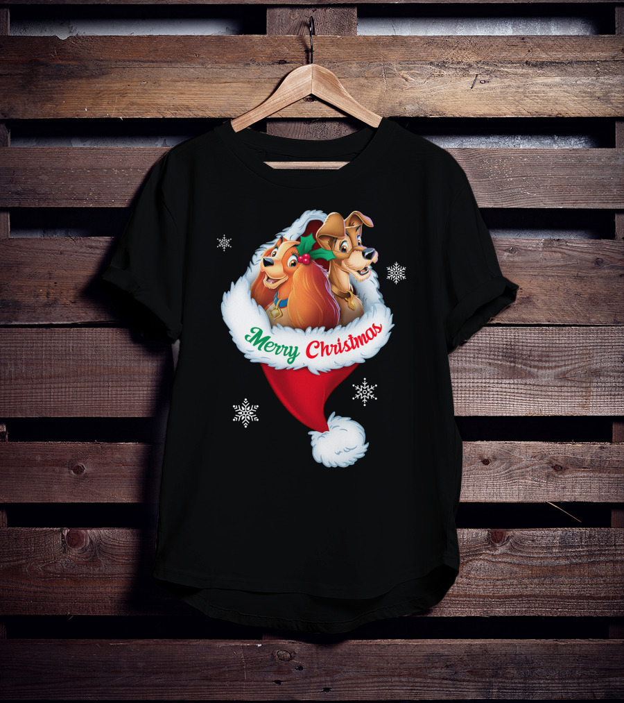 Merry Christmas Lady And The Tramp Holiday Santa Hat Snowflakes T-Shirt