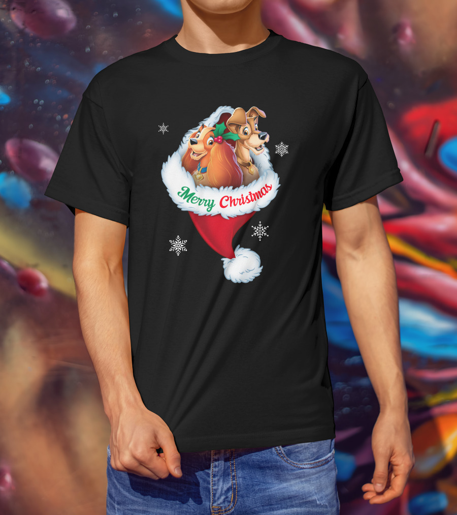 Merry Christmas Lady And The Tramp Holiday Santa Hat Snowflakes T-Shirt